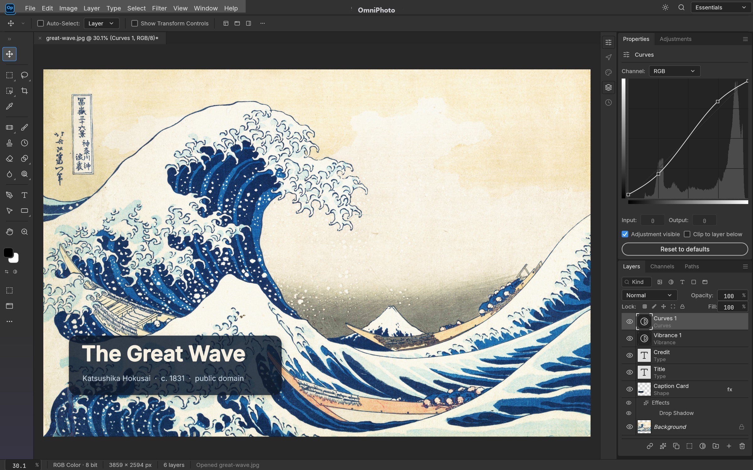 OmniPhoto WebAssembly Studio: Complex Multi-Layer PSD Compositing workflow applied to The Great Wave off Kanagawa — Katsushika Hokusai, c. 1831